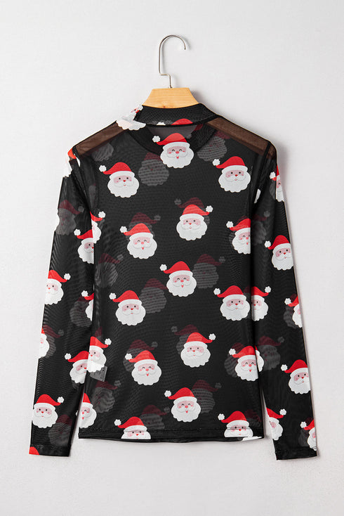 Santa Print Sheer Mesh Mock Neck Slim Fit Long Sleeve Top